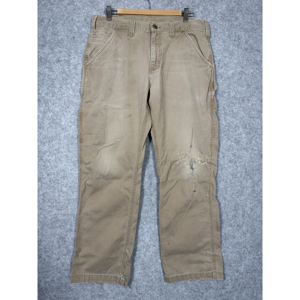 Carhartt B324 Carpenter Pants Men 34 Khaki Relaxed Fit Twill Distressed Thrashed